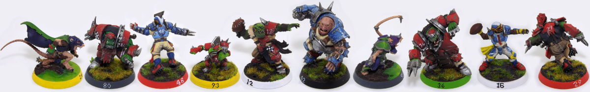 Blood Bowl Miniatures with coloured bases